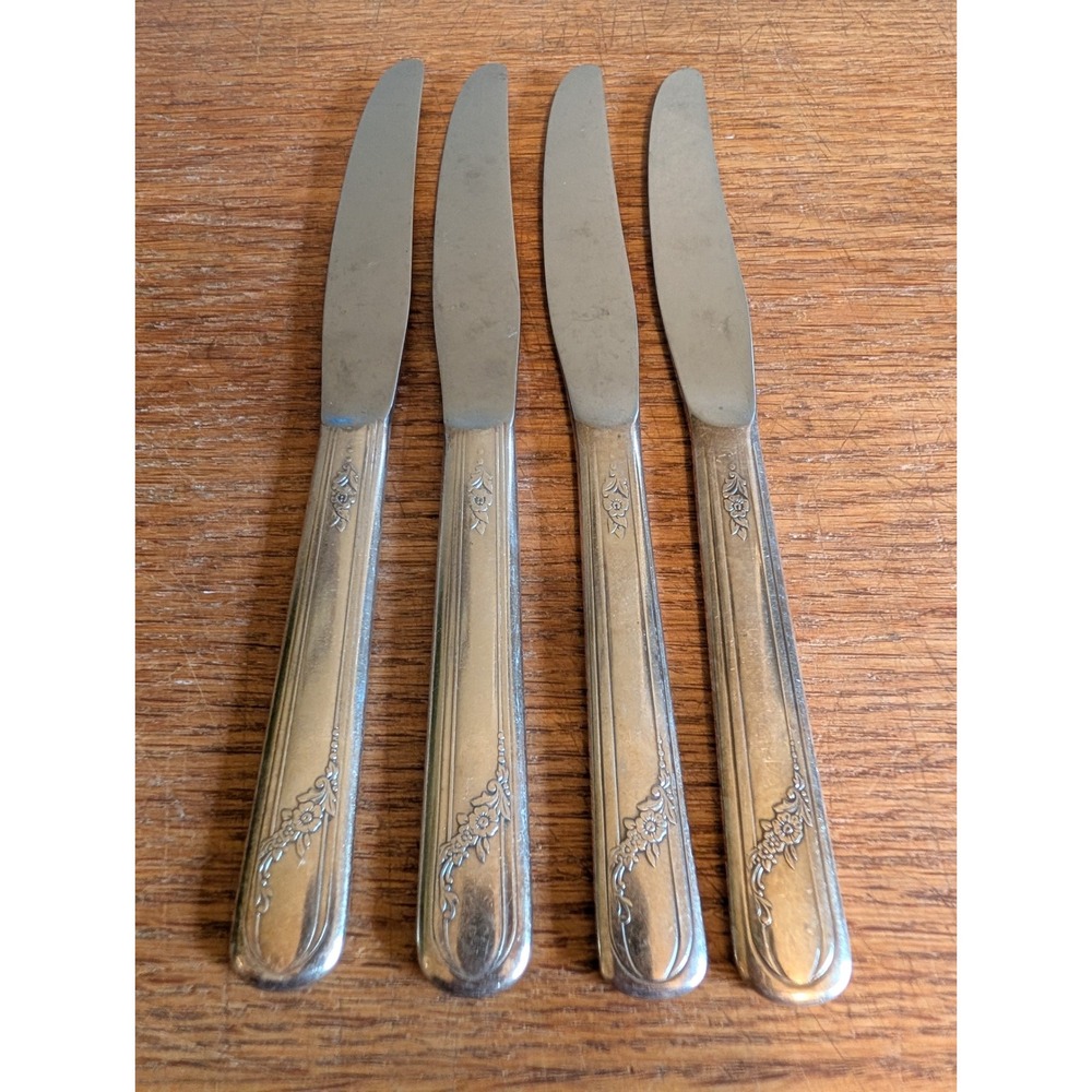 Vintage Tudor Stainless Steel Dinner Knives Floral Pattern Set of 4